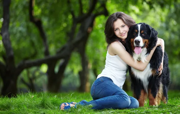 Picture grass, girl, smile, Park, dog, brown hair, t-shirt