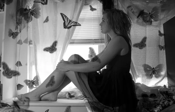 Girl, butterfly, sill, sitting, fly, black and white