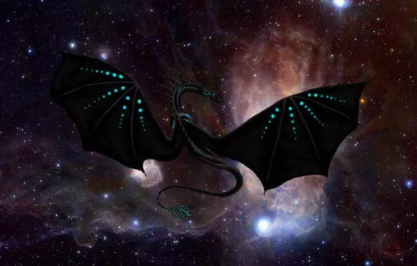 Space, stars, flight, fiction, dragon, wings, the milky way