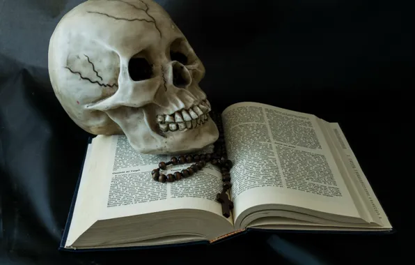 Skull, book, rosary