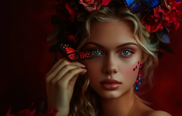 Look, girl, butterfly, flowers, roses, blonde, blue eyes, full face