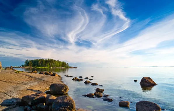 The sky, clouds, trees, stones, blue, shore, island, Bay