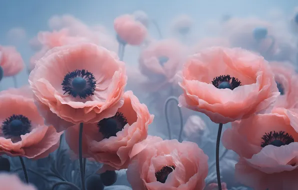 Flowers, fog, Maki, morning, haze, pink, a lot, AI art