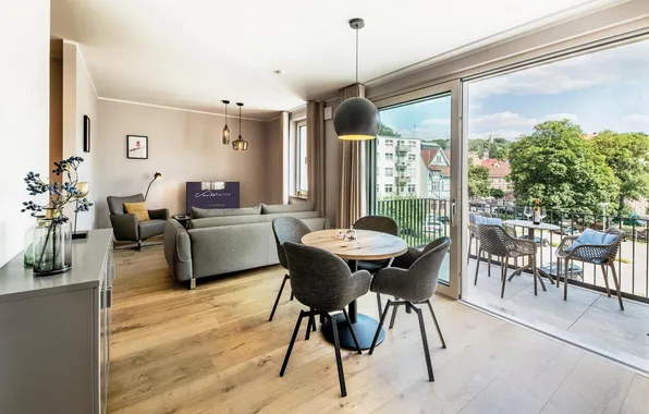 Design, style, interior, balcony, living room, dining room, city apartment