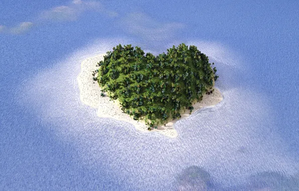 Sand, sea, tropics, palm trees, shore, island, hearts, the view from the top