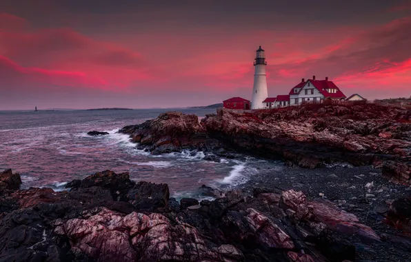 Sea, wave, clouds, sunset, house, stones, rocks, shore