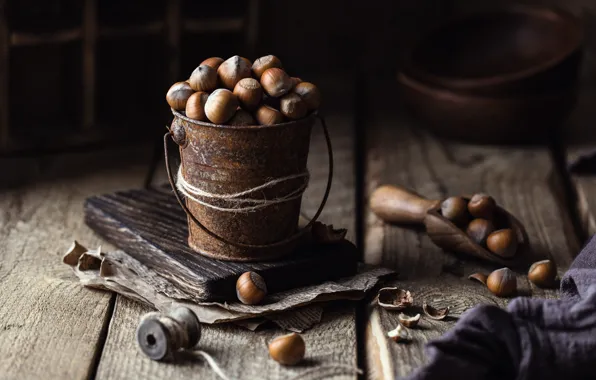 Table, Board, nuts, still life, thread, items, a lot, hazelnuts