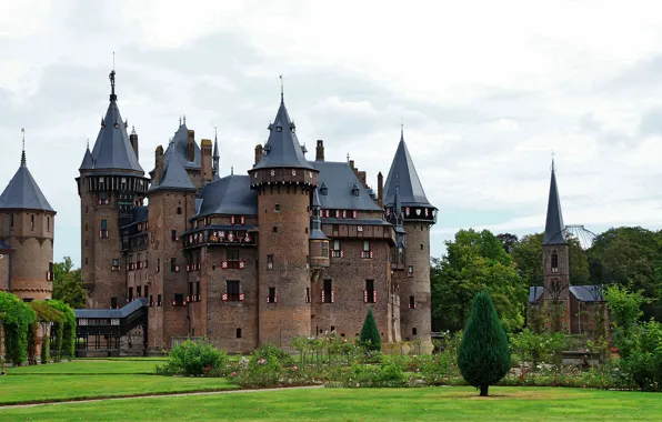 Greens, grass, clouds, trees, flowers, castle, lawn, garden