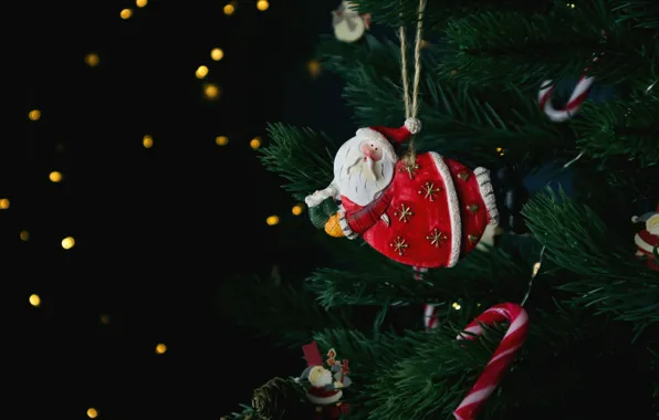 Balls, branches, lights, pose, toy, Christmas, New year, black background