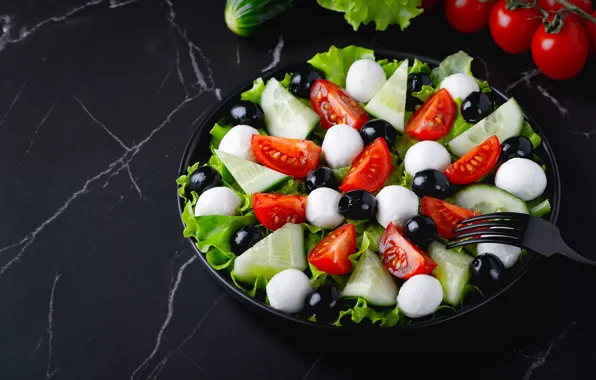 Cheese, bowl, plug, black background, vegetables, tomatoes, slices, delicious