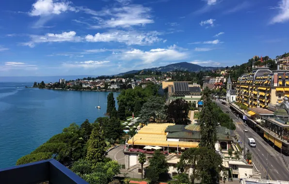 Picture mountains, building, Switzerland, promenade, Lake Geneva, Montreux