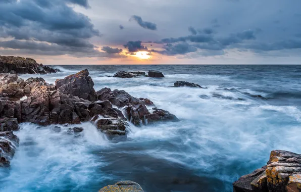 Sea, sunset, rocks, Sweden, Skåne, the kullaberg nature reserve