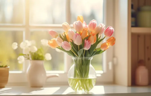 Picture flowers, tulips, bouquet, AI art, spring, neural network