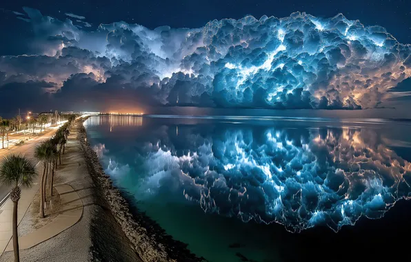 The sky, clouds, palm trees, lightning, storm, horizon, storm, sky