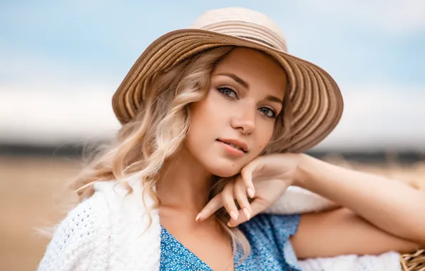 Look, girl, face, pose, portrait, hat, hands, blonde