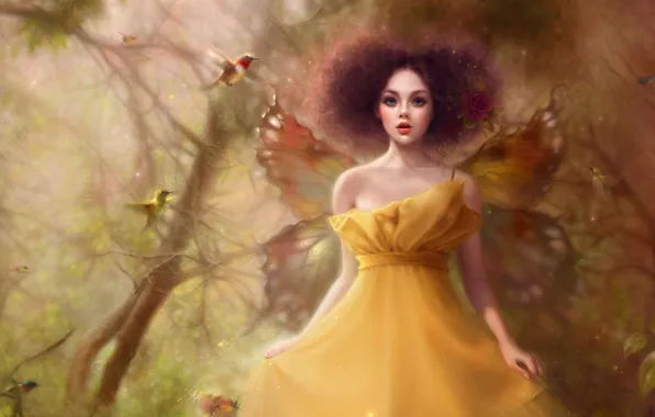 Picture girl, birds, wings, fantasy, magic forest