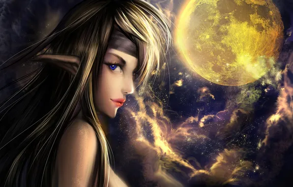 Look, the moon, art, profile, elf, ears, fantasy