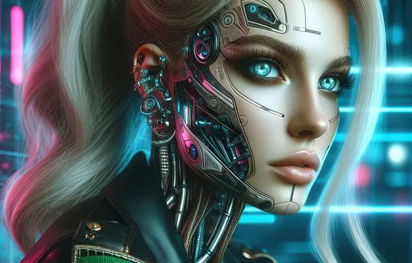 Girl, fantasy, science fiction, blue eyes, sci-fi, cyberpunk, blonde, digital art
