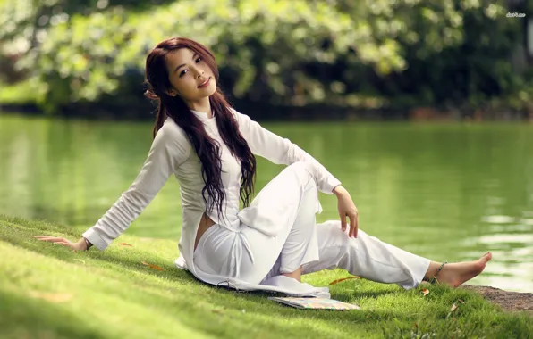 Picture summer, water, girl, pond, mood, shore, Asian