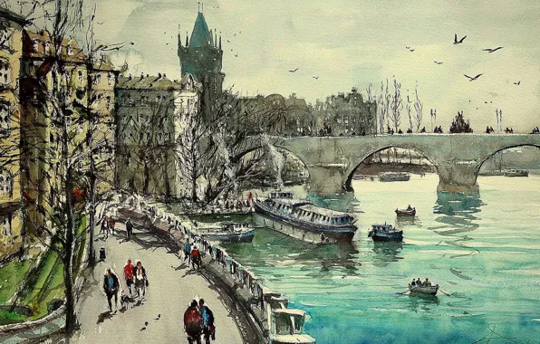 Bridge, tower, picture, Prague, watercolor, the urban landscape, Maximilian DAmico