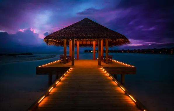 Sunset, the ocean, pierce, Bungalow, Maldives, Anantara Resort