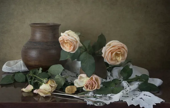 Picture roses, petals, pitcher, still life, buds, vintage, scissors