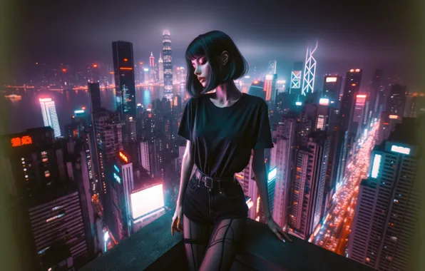 Picture girl, short hair, neon, asian