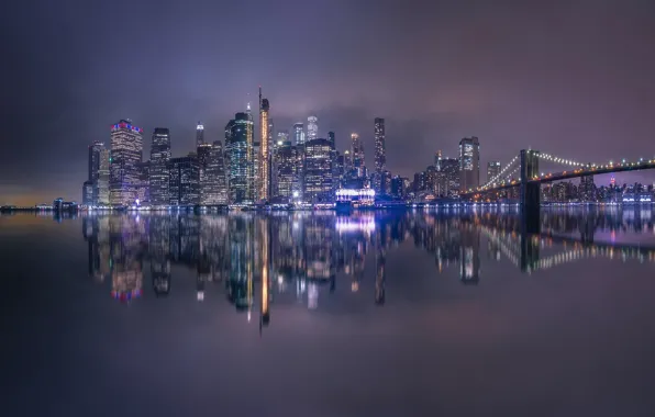 Bridge, Strait, reflection, river, building, New York, Brooklyn bridge, night city