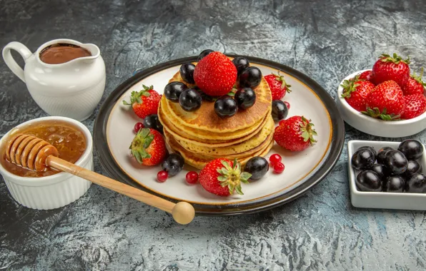 Berries, strawberry, grapes, honey, pancakes