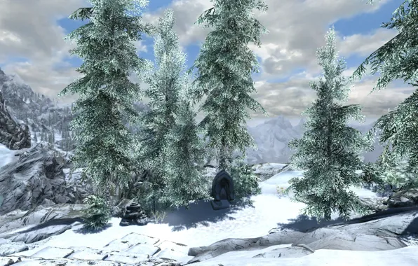 Snow, ate, snow, skyrim, Skyrim, tes 5, fir trees, high Hrothgar