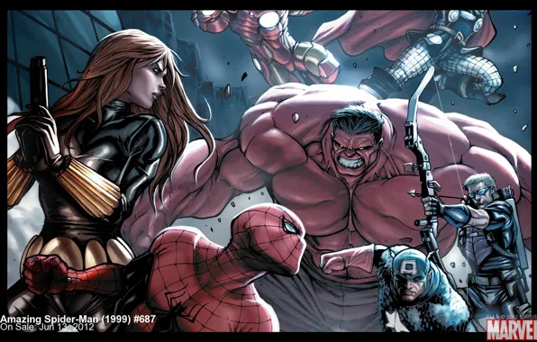 Iron man, Iron Man, Captain America, Captain America, Spider-man, Thor, Thor, Black widow