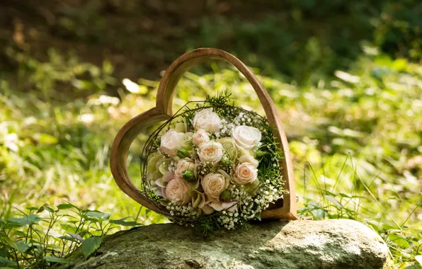 Picture light, flowers, nature, stones, heart, frame, roses, bouquet