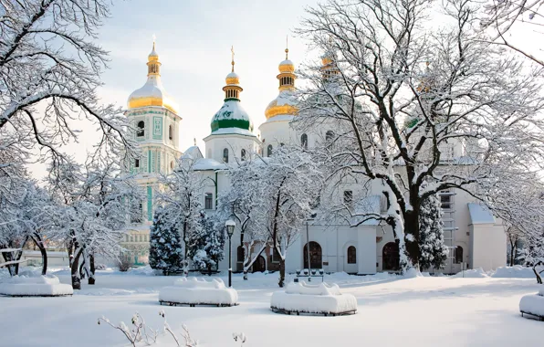 Winter, snow, trees, Ukraine, Kiev, Saint Sophia Cathedral