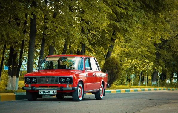 Road, trees, USSR, red, classic, Lada, vaz, VAZ