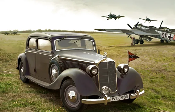 The airfield, Bf.109, Luftwaffe, Saloon, staff car, W142, Typ 320, He.177