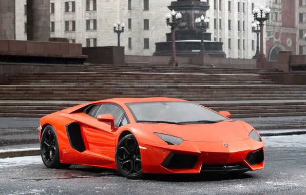 Picture Auto, Lamborghini, Orange, Supercar, LP700-4, Aventador, The front, Overcast