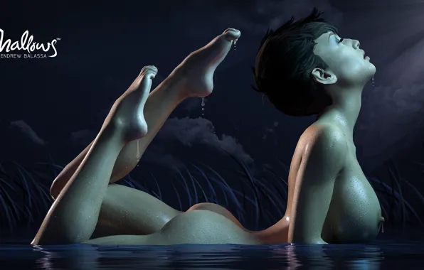 Wet, nipples, boobs, water, night, brunette, rendering, breasts