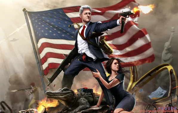 Girl, Gun, McDonalds, Flag, Ronald, Clinton, Alligator, President
