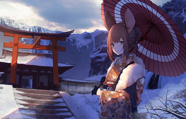 Girl, umbrella, mouse, gloves, yukata, ears