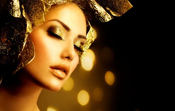 Girl, gold, model, makeup, decoration, Anna Subbotina