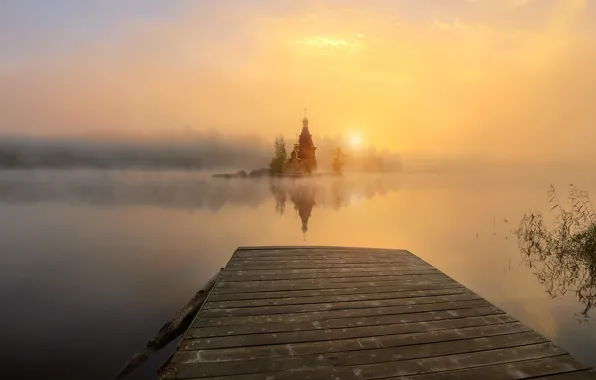 Water, landscape, nature, fog, dawn, morning, Church, mostok