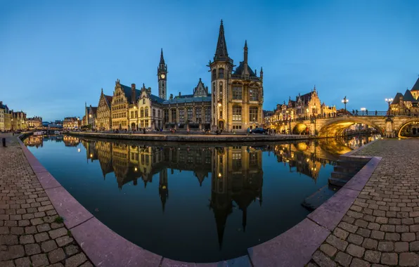 The sky, night, the city, lights, reflection, blue, shore, tile