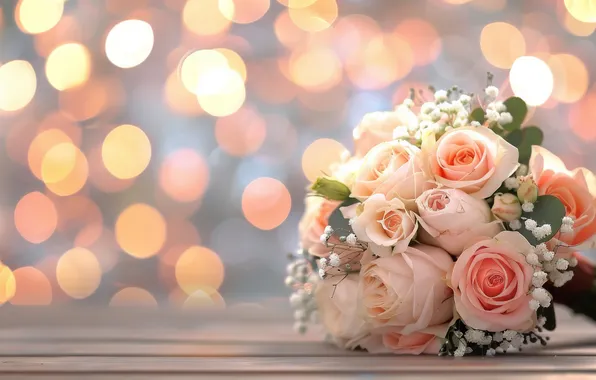 Light, flowers, lights, holiday, roses, bouquet, pink, March 8