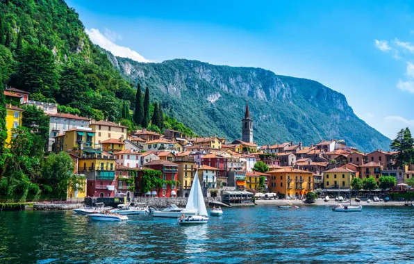 Picture mountains, lake, home, sailboat, Italy, Como, Varenna