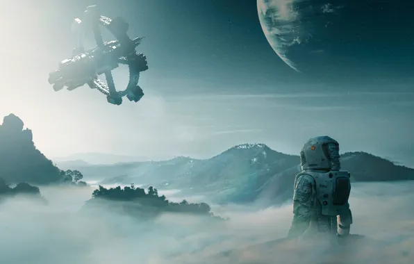 The suit, Station, Planet, Astronaut, Space, Landscape, Planet, Fiction