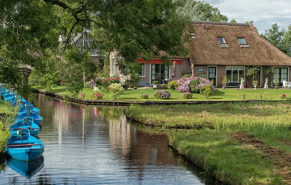 The city, pond, photo, home, boats, Netherlands, Giethoorn