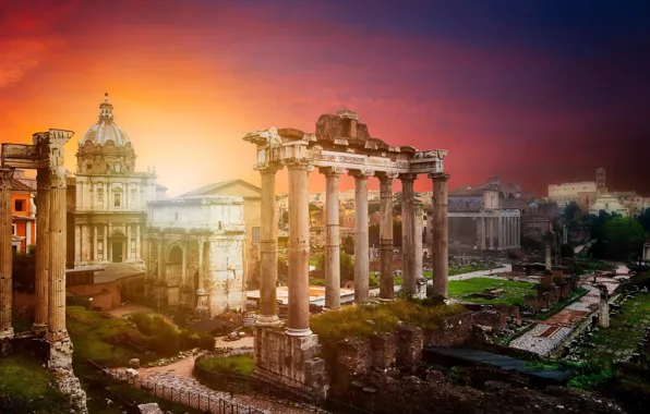 Sunset, the city, Rome, Italy, ruins, The Vatican, Roman Forum in Rome