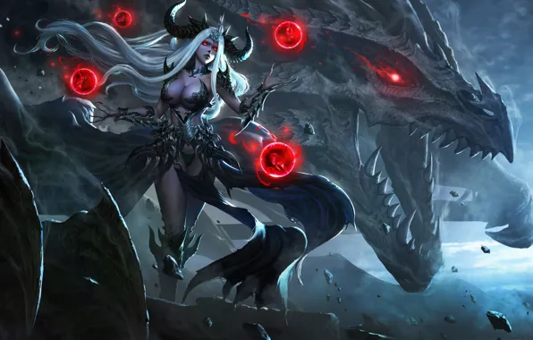 Girl, Being, Dragon, Monster, Style, Girl, Sorceress, Magic