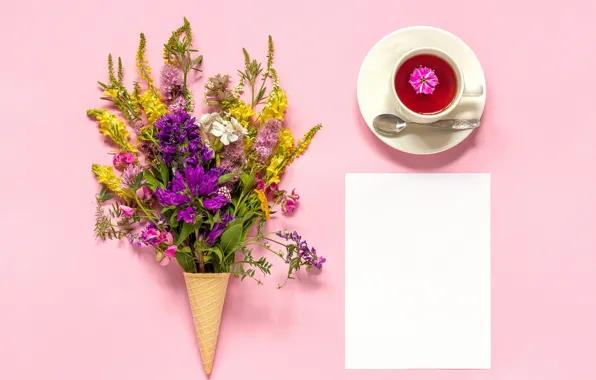 Flowers, background, tea, horn, waffle