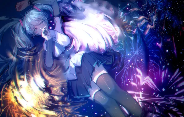 Picture girl, night, reflection, microphone, fireworks, Hatsune Miku, Vocaloid